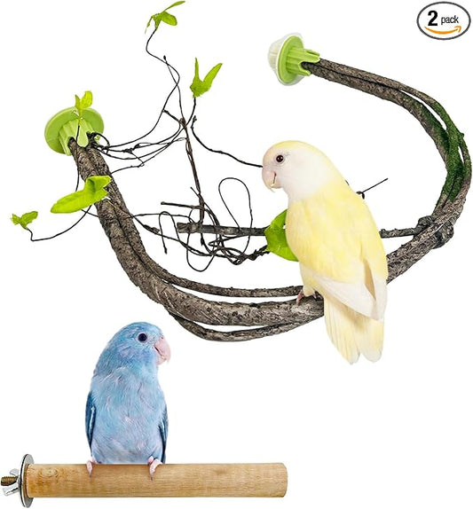 PINVNBY 2 PCS Bendable Bird Perches Simulation Branch Parrot Perch Stand with Green Leaf Hanging Paw Grinding Fork Cage Accessories for Parakeet Budgie Finch Cockatiel Conure (Medium)