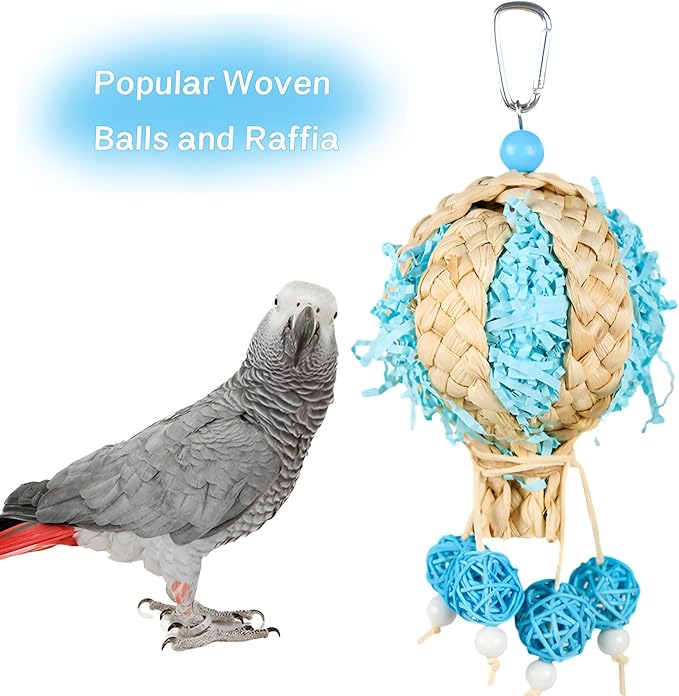 Bird Foraging Shredder Hanging Rope Perch With Bell - Parrot Swing Climbing Standing Toy - Cage Accessories for Parakeet, Conure, Cockatiel, Budgies, Lovebird - Blue, 1 Pack