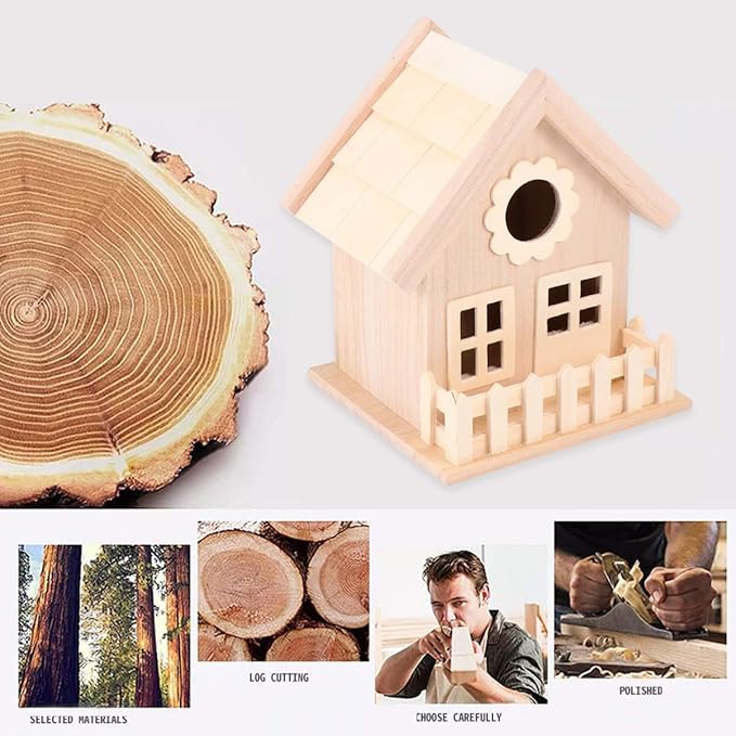 Milisten Wooden Bird Nest Ornament with Double Window Wide Entrance Unfinished DIY Painting Craft Bird House for Outdoor Garden Small Birds Bed Hut 6.88X5.51X5.11In