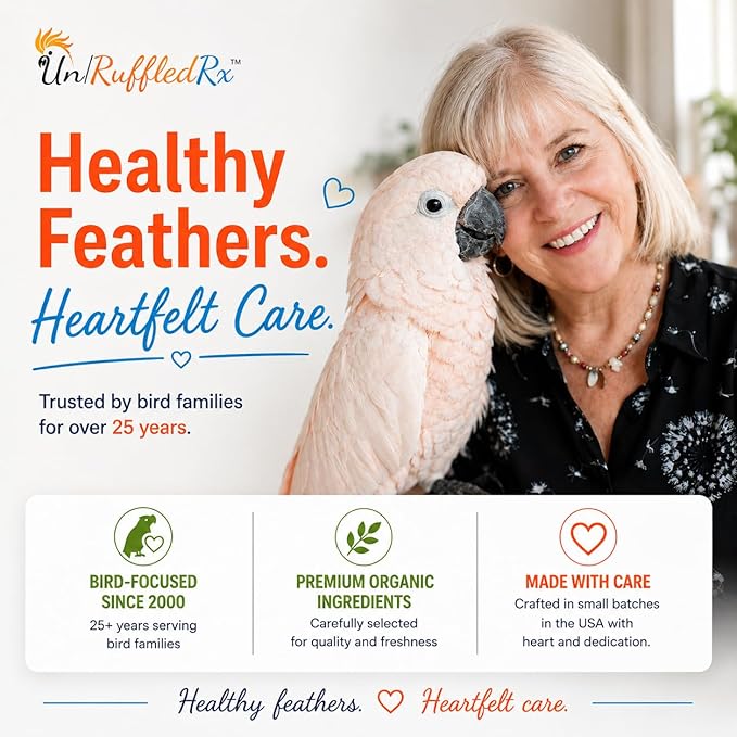 UnRuffledRx™ OmegaGlow for Birds – Raw, Natural Seed Blend for Feather Growth & Molting Support – Skin & Immune Health with Chia, Flax & Hemp Seeds – Helps Reduce Plucking – 2 oz Shaker Jar