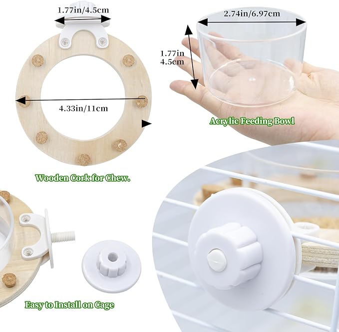 Bird Cage Accessories, Transparent Acrylic Feeding Bowl with Wooden Frame & Chewable Cork, Bird Cage Feeder for Budgies, Cockatiels, Lovebirds, Canary and Other Small Birds