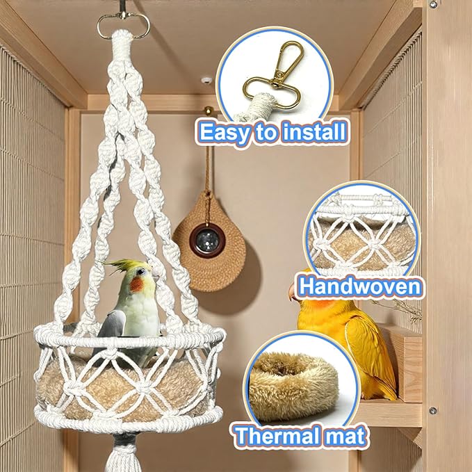 Warm Bird Cage Bird Nest, Bohemian Style Cotton Woven Hanging Small Bird Bed for Cage, Warm Nest for Canary, Lovebird, Budgie, Finch (Beige)