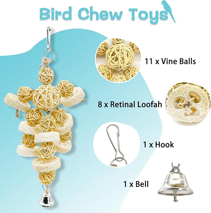 Hamiledyi Bird Toys Foraging Star Bird Chew Toy Super Shredder Ball Will Keep Birds Busy Foraging for Hidden Treasures Parrot Cage Toys Cages Shredder Cockatiel Conure (1 x Rattan Chew Ball String)