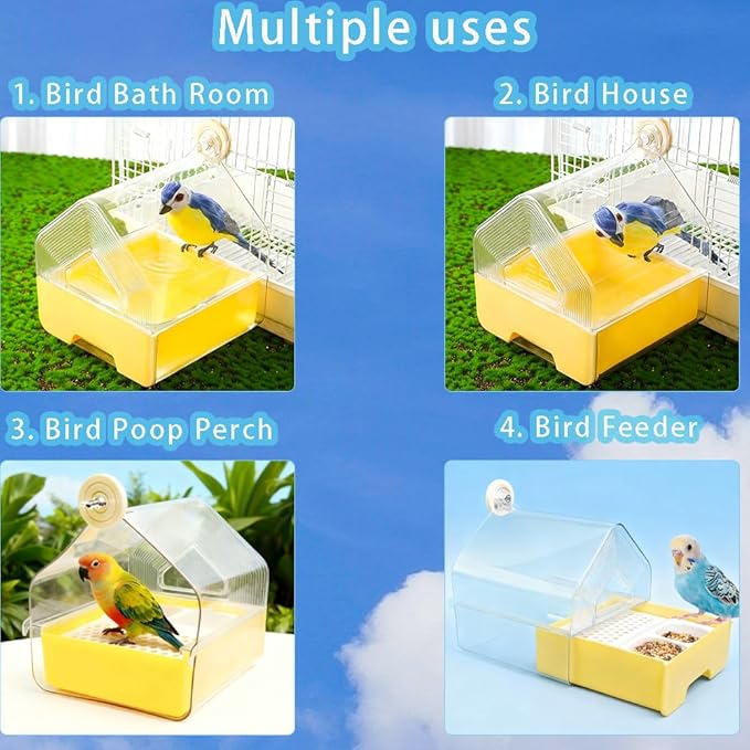 4-in-1 Bird Bath & Feeder for Cage | Easy-Clean Pull-Out Drawer, Leakproof & Transparent Pool | Hanging House & Poop Perch | Parakeets, Lovebirds, Finches