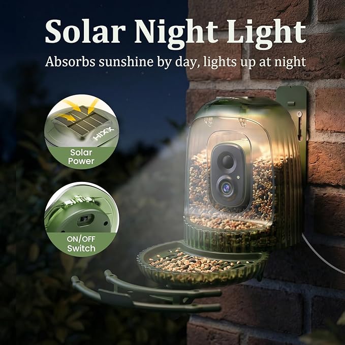 HIXX Smart Bird Feeder with 4MP Camera – Auto Capture Video, AI Bird Identification, Large Capacity & Seed Guard, Solar Powered Night Light, Live Birdwatching Camera for Lovers, Family & Friends