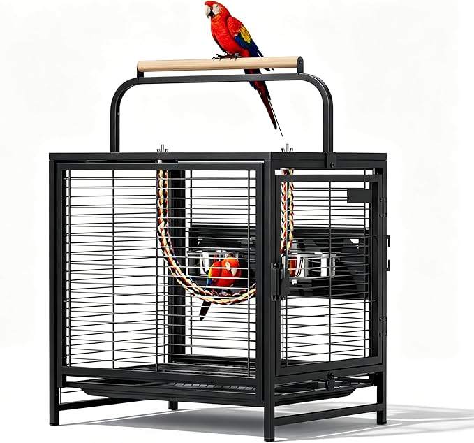 VINGLI Small Bird Cage, 25 inch Travel Carrier Bird Cage with Handle, Wrought Iron Parakeet Cage with Wooden Perch for Parrot Lovebirds Finches Small/Medium Birds (Matte Black)