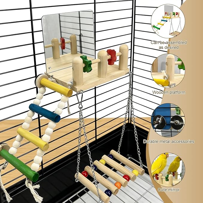 Bird Toys with Bird Mirror Climbing Ladder Swing Wooden Play Gym - Parakeet Toys & Cage Accessories for Cockatiels, Lovebirds, Budgies, Finch, Canaries