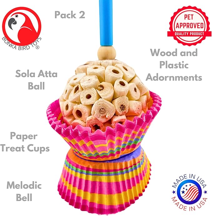 Bonka Bird Toys 1925 Cake Bird Toy – Sola Plant, Paper & Wood Chewing Shredding Foraging Toy for Extra Small to Small Birds – Cage Enrichment – 7" x 4.5" (Pack of 2)