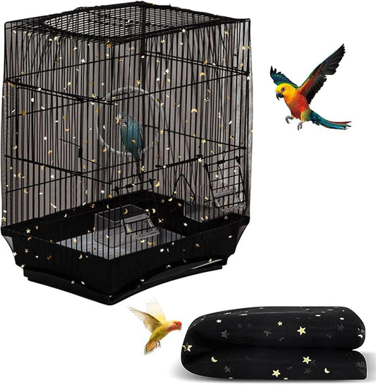 Bird Cage Seed Catcher, Seed Catcher Guard Net Cover, Parrot Nylon Mesh Net Cover, Universal Soft Airy Cage Net Stretchy Skirt for Round Square Cages (Star-Black, 15.7" x87")
