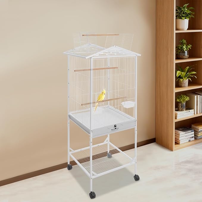Extra Large Bird Cage 54Inch Wrought Iron Bird Cage with Rolling Stand Metal Parrot Cage with Open Play Top Perch Stand for Conures Lovebirds Cockatiels Finches (White)
