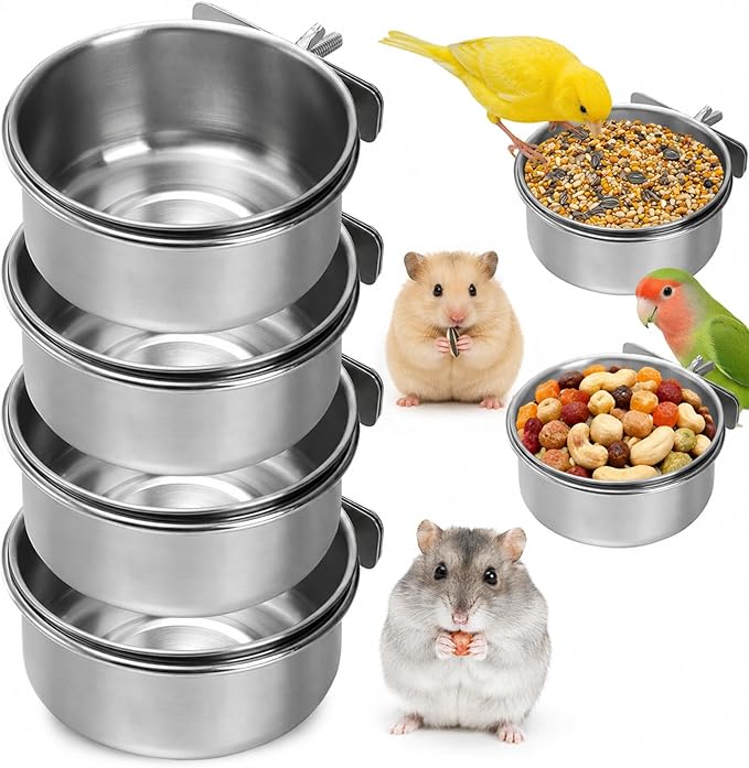 Okllen 4 Pack Bird Feeding Dish Cups, Detachable Stainless Steel Bird Food Bowls with Clamp for Chinchilla Parrot Cockatiel Conure Budgies Parakeet Small Animal