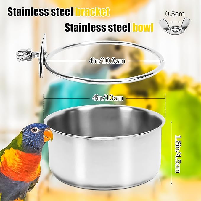 2 Pack Bird Feeding Bowls Cups Parrot Food Water Dishes, Stainless Steel Bird Bowl Cup Dish with Clamp, Birdcage Feeder Pet Cage Bowls for Cockatiel Budgie Conure Macaw Parakeet Small Animal