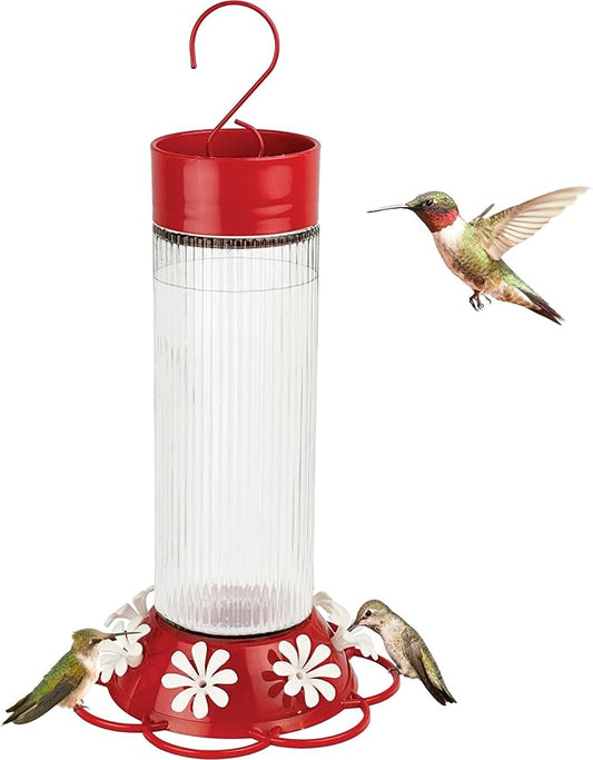 Nature's Way Hanging Glass Hummingbird Feeder for Outdoor Décor, 28 Ounce Capacity Nectar Feeder, Ant Moat, 7 Easy to Clean Flexible Ports, Red