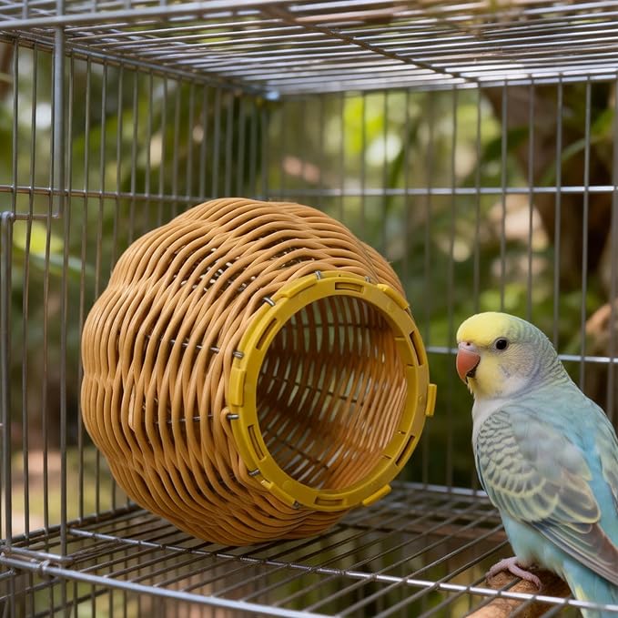 Imitation Rattan Bird Nest for Cage, Chew Resistant Parrot Nest House with Metal Frame, Egg Laying and Breeding Nest for Small Birds, Suitable for Budgies, Lovebirds, Cockatiels, Parakeets