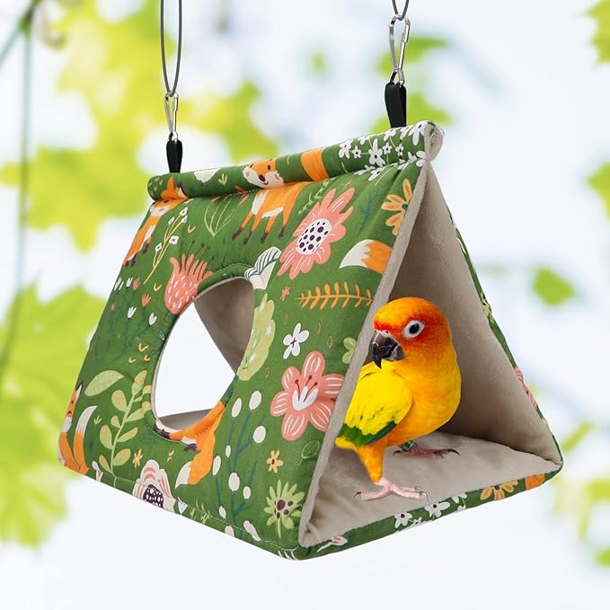 Wontee Bird Nest House Winter Warm Snuggle Hut Bird Bed Hanging Hammock for Parakeets Caique Senegal Quaker Parrots Cockatiels Conures (Large, Green)