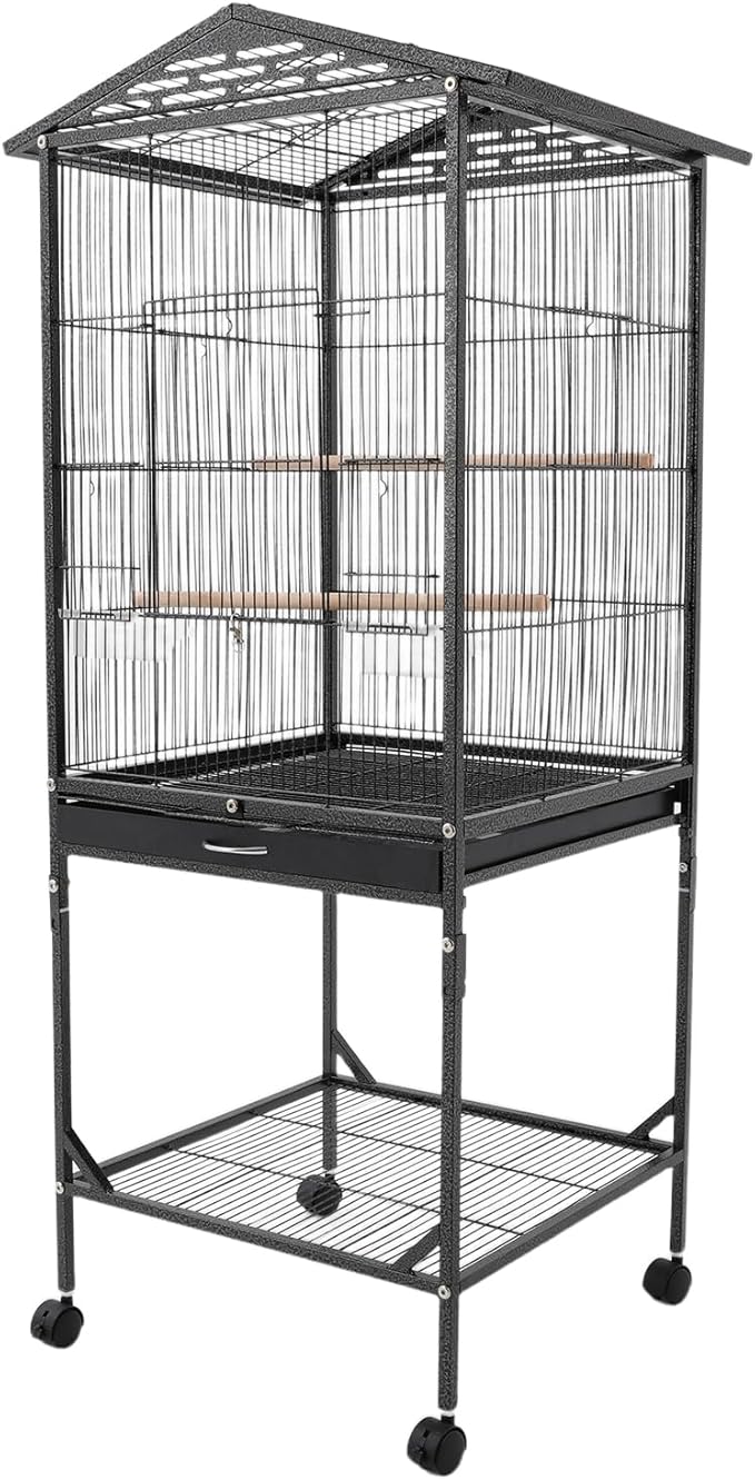 Extra Large Bird Cage 54Inch Wrought Iron Bird Cage with Rolling Stand Metal Parrot Cage with Open Play Top Perch Stand for Conures Lovebirds Cockatiels Finches (Black)