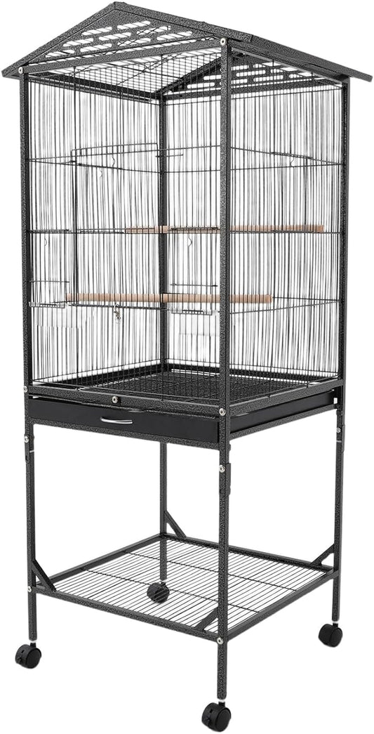 Extra Large Bird Cage 54Inch Wrought Iron Bird Cage with Rolling Stand Metal Parrot Cage with Open Play Top Perch Stand for Conures Lovebirds Cockatiels Finches (Black)