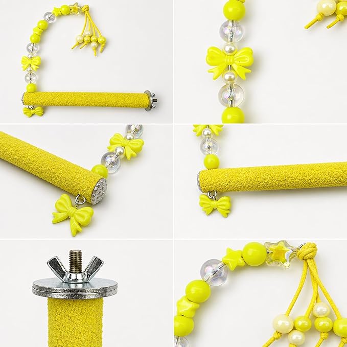 Bird Parrot Perch with Beads and Bow Chew Toy,Cage Platform Toy and Exercise Accessories for Budgies Parakeets Cockatiels Conures and Lovebirds (Yellow)