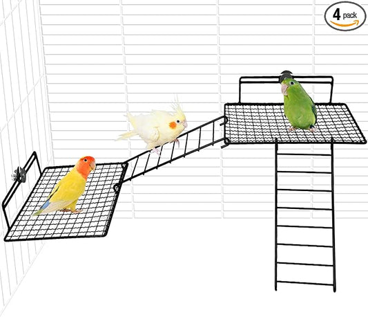BNOSDM Extra Large Stainless Steel Grid Platform for Parakeet 4 PCS Bird Perches Platform Parrot Stand with Climbing Ladder Bird Cage Accessories for Small to Large Bird (Screw Style-XL)
