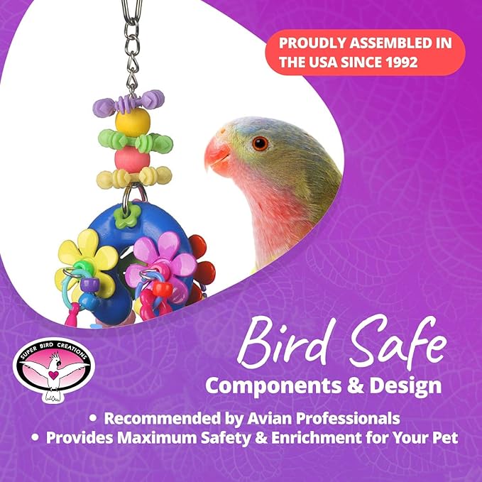 Super Bird Creations SB1085 Flower Power Bird Toy, Small/Medium Bird Size, Ideal for Cockatiels, Parakeets, and Parrots - 7" x 2.5" x 2"