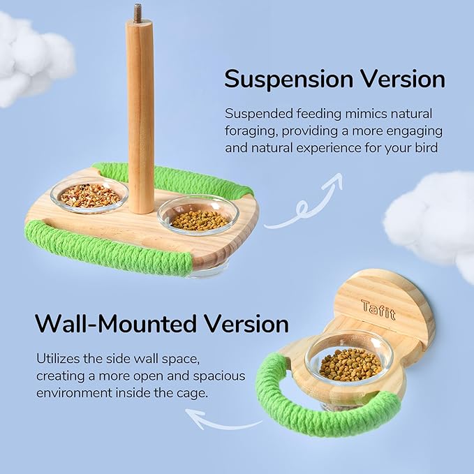 Bird Feeder & Perch – Includes Cotton Rope Perch and Glass Feeding Cup – Cage Accessory for Cockatiels, Budgies, Lovebirds, Conures, Canaries, Finches, and Small Parrots