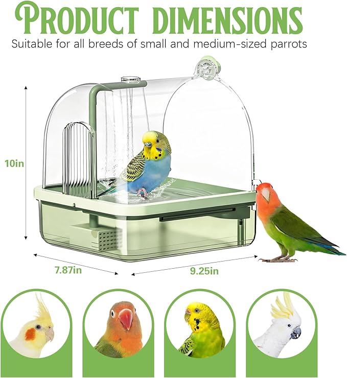 Parrot Bathtub, Bird Bath, Automatic Parrot Shower Bath with Pump, Birds Shower Bathtub with Running Water, Large-Capacity Water Tank for Pet Birds, Cockatiel, Conure, Budgie, Lovebird (Green)