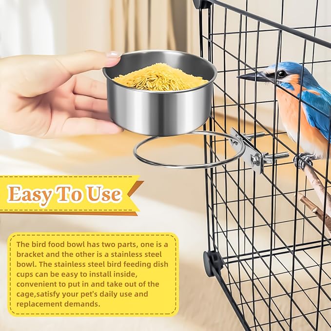 3 Pack Bird Feeding Bowls Cups Parrot Food Water Dishes, Stainless Steel Bird Bowl Cup Dish with Clamp, Birdcage Feeder Pet Cage Bowls for Parrot Cockatiel Budgie Conure Parakeet Small Animal