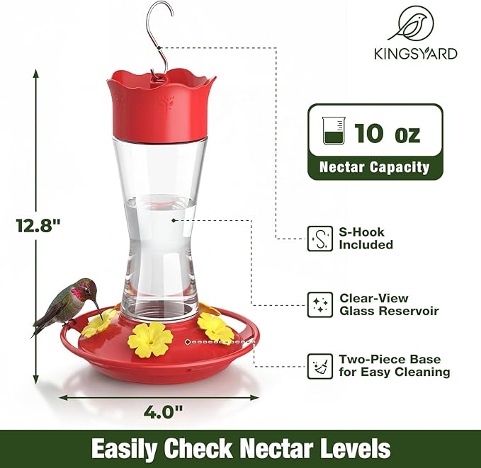 Kingsyard Glass Hummingbird Feeder for Outdoors Hanging, 10 oz Leak-Proof Humming Bird Feeders with Ant Moat & Bee Proof Feeding Ports, Hummingbird Gift for Bird Lovers (Clear)