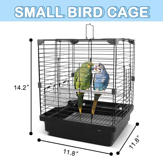 Small Bird Cage - 12x12x14.6 in Lightweight Travel Outdoor Birdcage for Parakeets, Budgies & Canaries and More Small Birds, Bird Carrier with Handle, Stand, Removable Tray, Portable for Hanging, Black