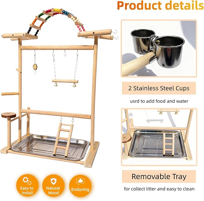 Bird Play Stand with Beads & Swing for Parrots | Multi-Level Natural Wood Stand | Perfect for Parakeets, Cockatiels & Small Parrots | Engaging Bird Perch & Toys