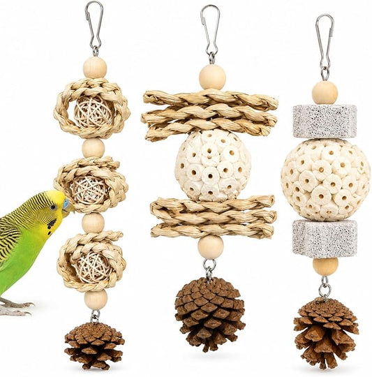 3 Pack Bird Toys for Small Birds, Texture-Rich Shredding & Chewing Toys with Sola Ball, Rattan Balls, Pumice Stone and Pinecone, Hanging Cage Toys for Budgies, Cockatiels, Lovebirds and Small Conures