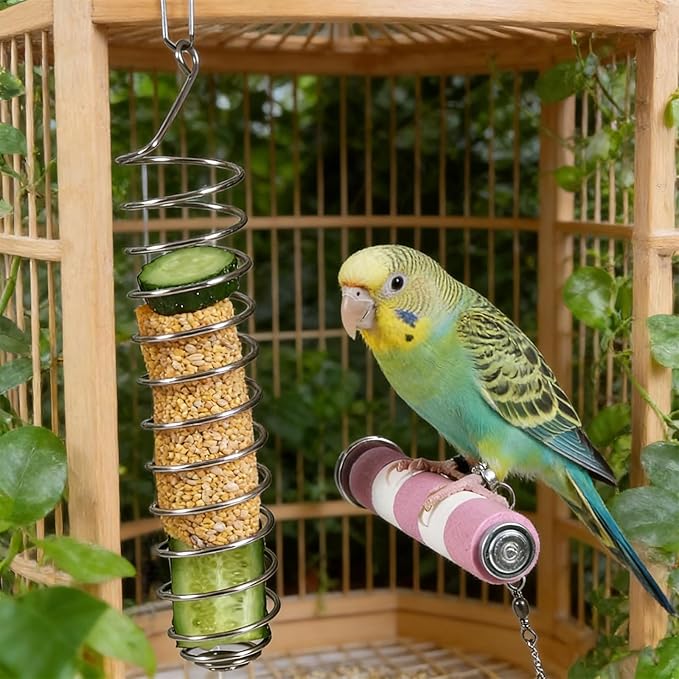 Millet Holder for Bird Cage, Bird Foraging Toy Feeder for Parrots Parakeet Cockatiel, Stainless Steel Bird Treat Holder and Fruit Vegetable Food Basket, Bird Cage Accessories for Play