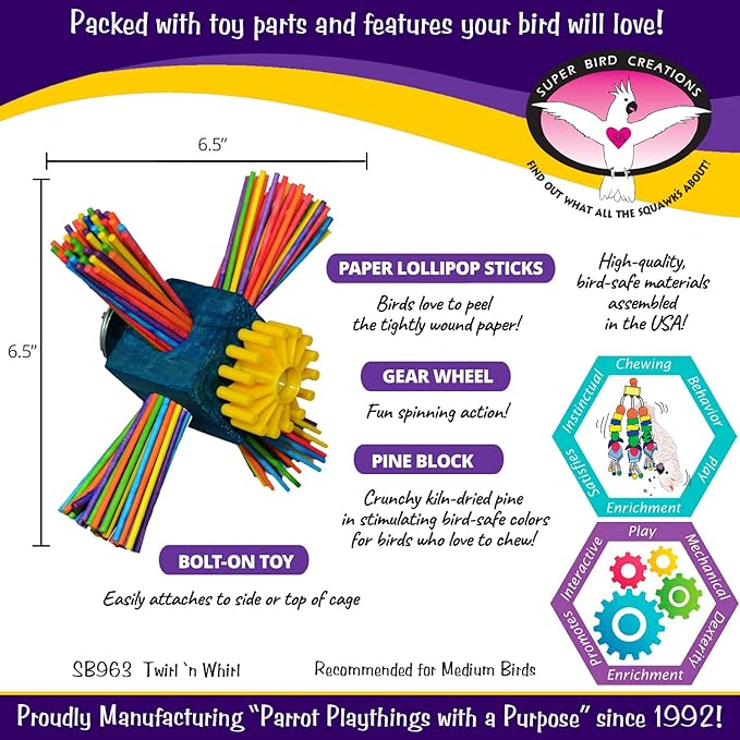 Super Bird Creations SB963 Twirl N' Whirl Bird Toy - Handcrafted Wooden Bird Stuff with Lollipop Sticks & Spinning Block - Relieves Boredom Peeling & Chewing for Parrots, Medium Sized Birds - 6.5"x4"