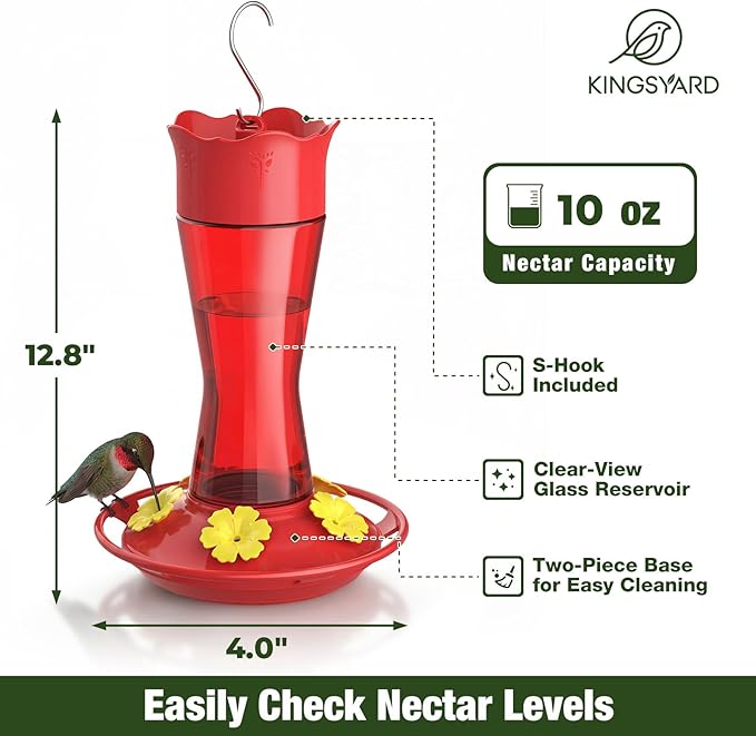 Kingsyard Glass Hummingbird Feeder for Outdoors Hanging, 10 oz Leak-Proof Humming Bird Feeders with Ant Moat & Bee Proof Feeding Ports, Hummingbird Gift for Bird Lovers (Red)