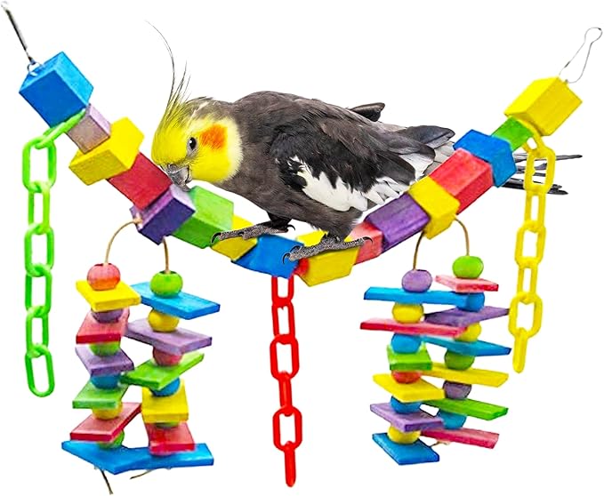 SunGrow Parrot Toy, 19" x 7.5", Colorful Wooden Beads and Metal Chain Link Hanger, Multicolored, 1 Pc per Pack