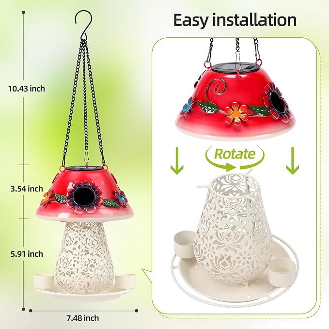Mushroom Solar Bird Feeders for Outdoors Hanging Metal Wild Bird Feeder with S Hook for Garden Decoration Red