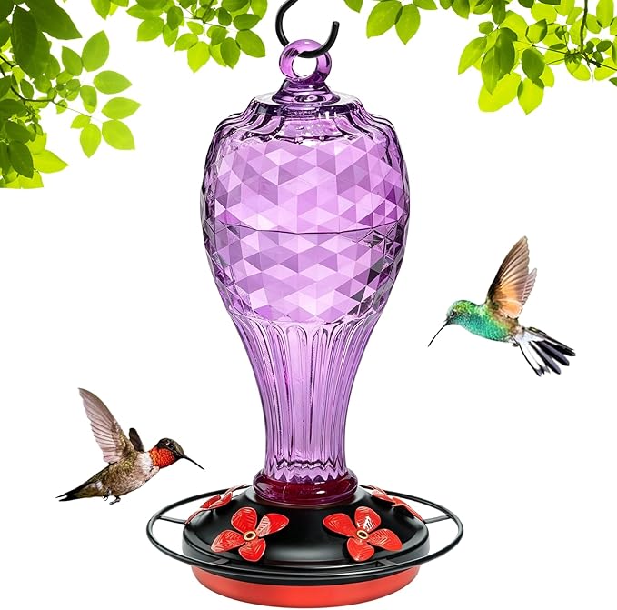 20 oz Hand-Blown Glass Hummingbird Feeder, Hanging Hot Air Balloon Design, Leak-Proof Silicone Seal, Ant-Proof, Outdoor Garden Decor Gift for Mom, Purple