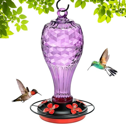 20 oz Hand-Blown Glass Hummingbird Feeder, Hanging Hot Air Balloon Design, Leak-Proof Silicone Seal, Ant-Proof, Outdoor Garden Decor Gift for Mom, Purple