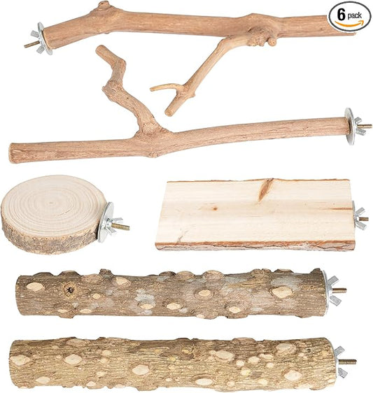 Bird Perch Stand, Pole Standing Natural Wood Bird Perch Set 7PCS Paw Grinding Fork Parrot Cage Branch with Rope Cage Accessories Toys for Parakeets, Cockatiels, Conure, Budgies (Brown 2)