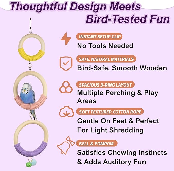 3-Ring Bird Wooden Swing with Bell Climbing Toy Chewable Cotton Rope Perch for Cage Cockatiels Budgies Parakeets Lovebirds 17 Inch