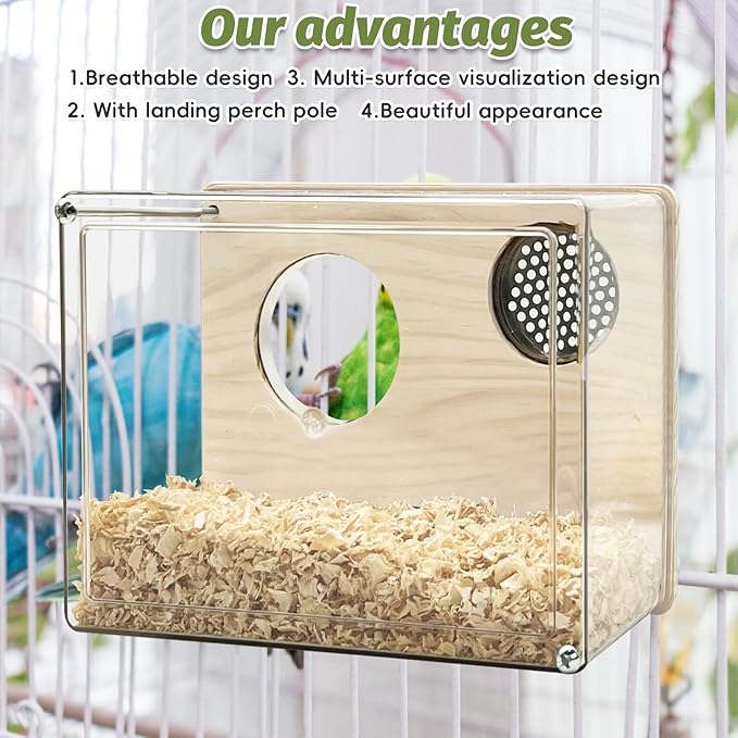 PINVNBY Transparent Acrylic Parakeet Nesting Box Budgie Breeding Box Bird Nest for Cage for Bird House with Perch for Parrots, Cockatiels, Lovebirds and Small Birds (L: 8.07 x 6.2 x 3.93 inch)
