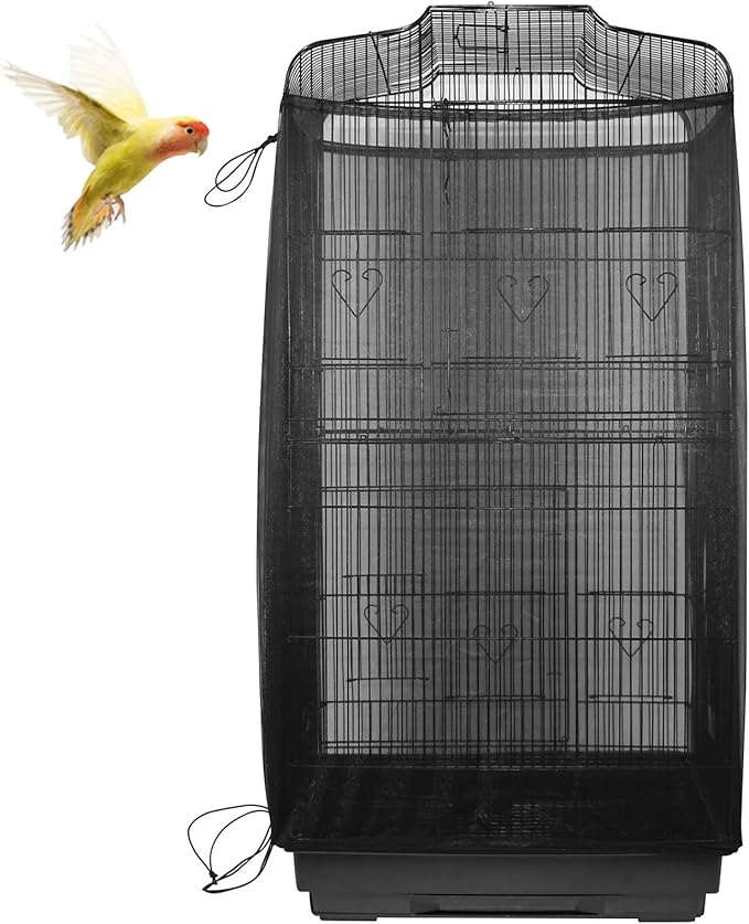 ASOCEA Large Bird Cage Seed Cather,Bird Cage Cover Adjustable Soft Airy Skirt Guard Birdcage Nylon Mesh Net for Parrot Parakeet Macaw African Round Square Cages Cover (78.5 * 27.6in-Black)