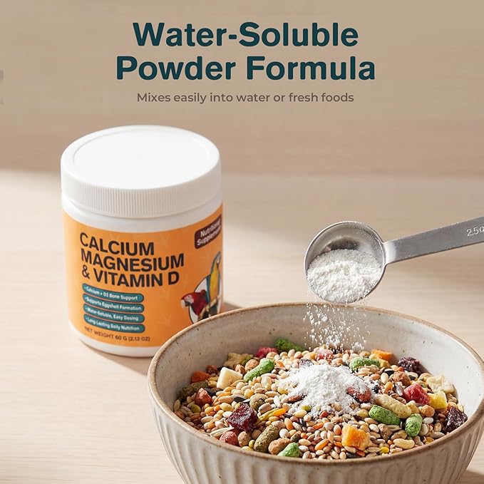 Bird Calcium Supplement with Magnesium & Vitamin D3, Water-Soluble Powder for Bone, Feather & Eggshell Support, Easy-Mix Daily Nutrition for Parrots & Companion Birds, 60 g