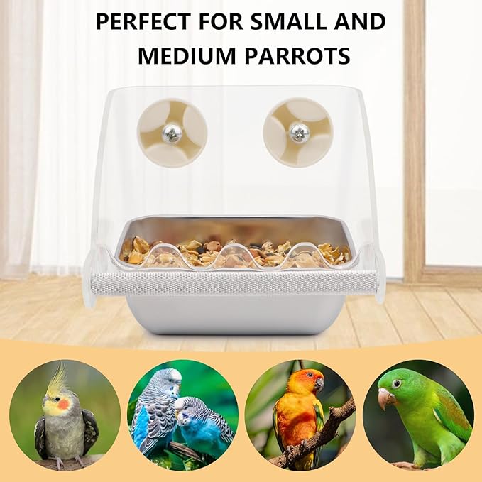 Hypeety Transparent Bird Feeder No Mess Parakeet Feeder for Cage Clear Bird Cage Feeders with Anti-Slip Perch Stainless Steel Food Bowl for Parakeets Parrots Budgies Lovebirds Cockatiels Conures