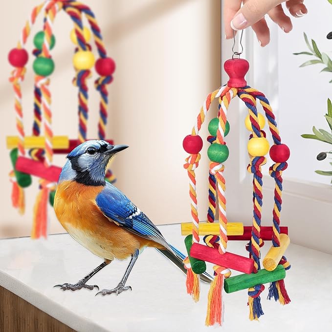 2PCS Dangly Rope Bird Toys，Medium and Small Birds Toys Multicolored Natural Wooden Bird Chewing Bird Cage Accessories for Parakeet Parrot Conure Cockatiel Budgies Lovebird Cage Toy