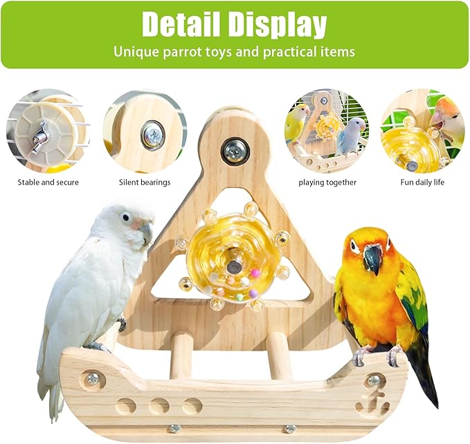 Bird Stand Perch Toy,Interactive Rocking Parakeet Toy and Perch, Wooden Exercise Wheel Cockatiel Toy, Intelligence Puzzle Enrichment Toys,Bird Playground Play Stands for Conure Budgie(C)