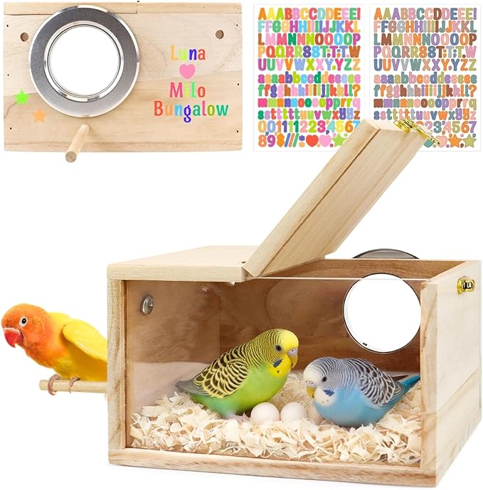 Parakeet Nesting Box with DIY Letter Sticker, Acrylic Transparent Panel & Perch, Natural Wood Breeding Box for Small Birds (Parakeets, Cockatiels, Lovebirds, Budgie), Easy to Install