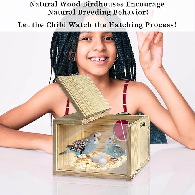 Transparent Parakeet Nesting Box,Wooden Parrot Nest Breeding Box with Perch Natural Bird House for Cage Suitable for Lovebirds Cockatiels Canaries