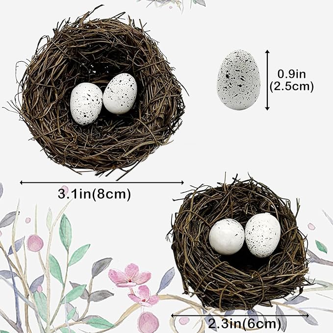 6pcs Small Faux Bird Nest with Eggs for Crafts, Artificial Rattan Birds Nest for Easter Wedding Home Paty Christmas Tree Decoration (6pcs Mixed Small Size Nest,12pcs Eggs)