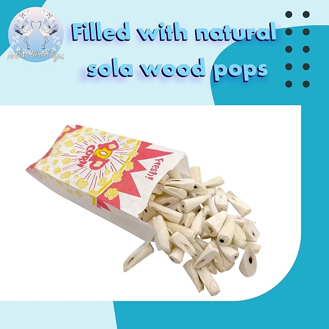 5112 Sola Popcorn Shredder - Handmade Super shreddable Bird Toy, Food Grade Popcorn Bag, Handcut sola Wood Pieces, Natural Jute Twine Hanger, Delightfully Fun for Birds to Shred and chew